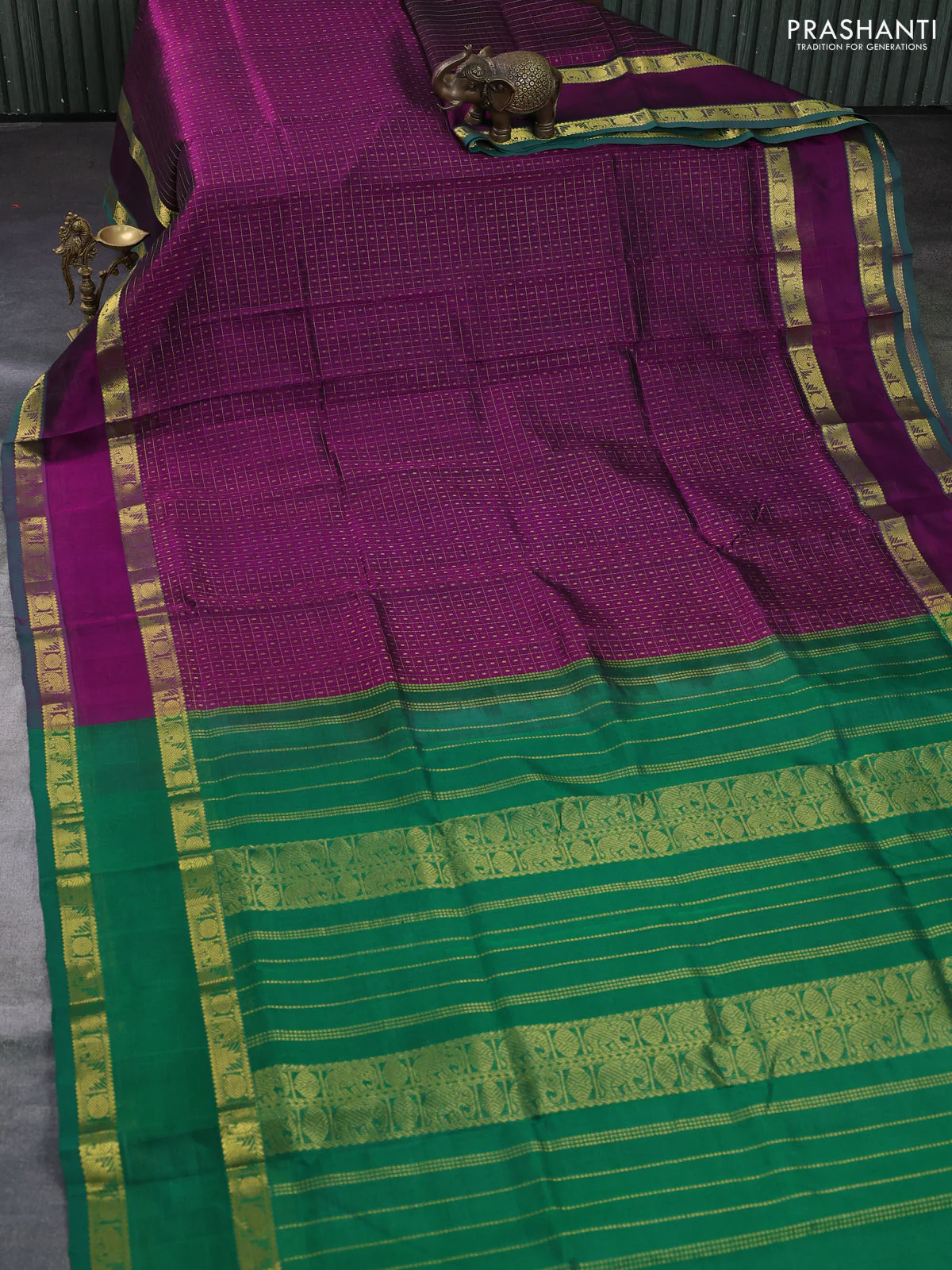 Silk cotton saree purple and green with allover zari lakshadeepam patten and rettapet zari woven border - Image 2