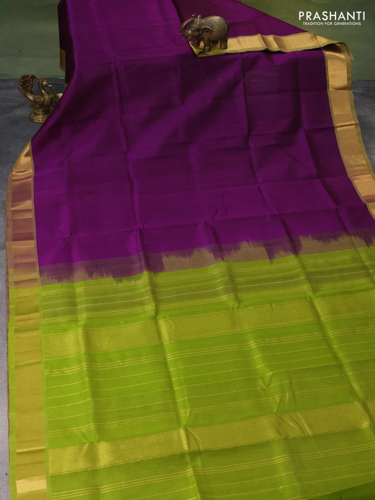 Silk cotton saree purple and light green with plain body and zari woven border - Image 2