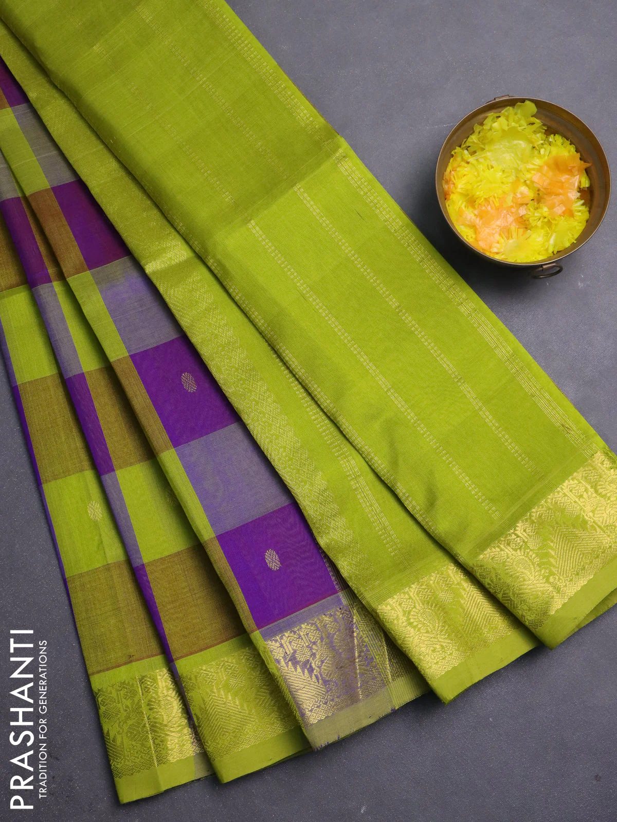 Silk cotton saree purple and lime green with allover paalum pazhamum checks & buttas and zari woven border