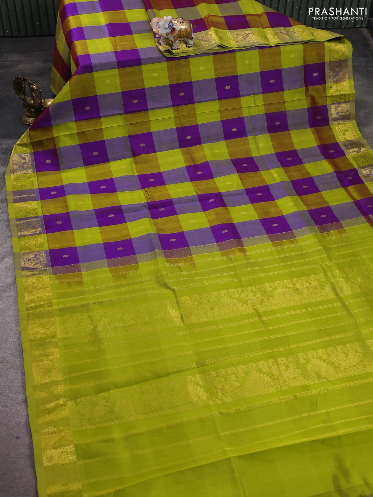Silk cotton saree purple and lime green with allover paalum pazhamum checks & buttas and zari woven border - Image 2
