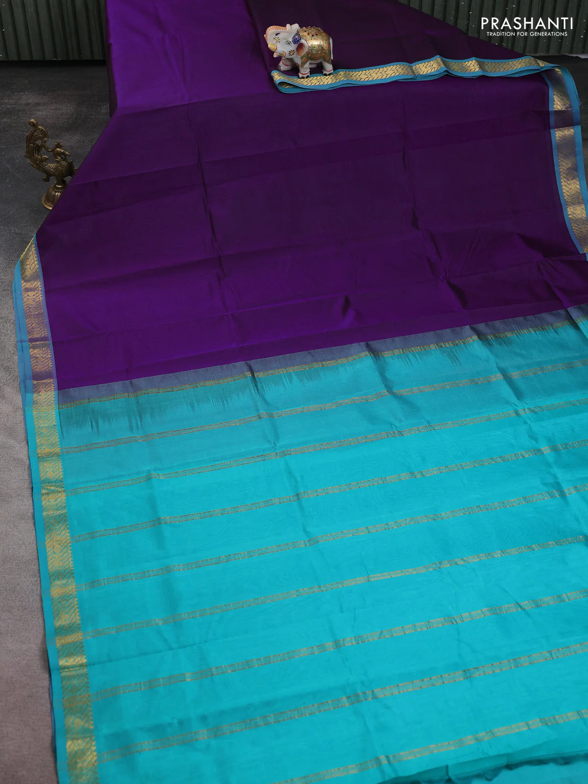 Silk cotton saree purple and teal blue with plain body and zari woven border - Image 2