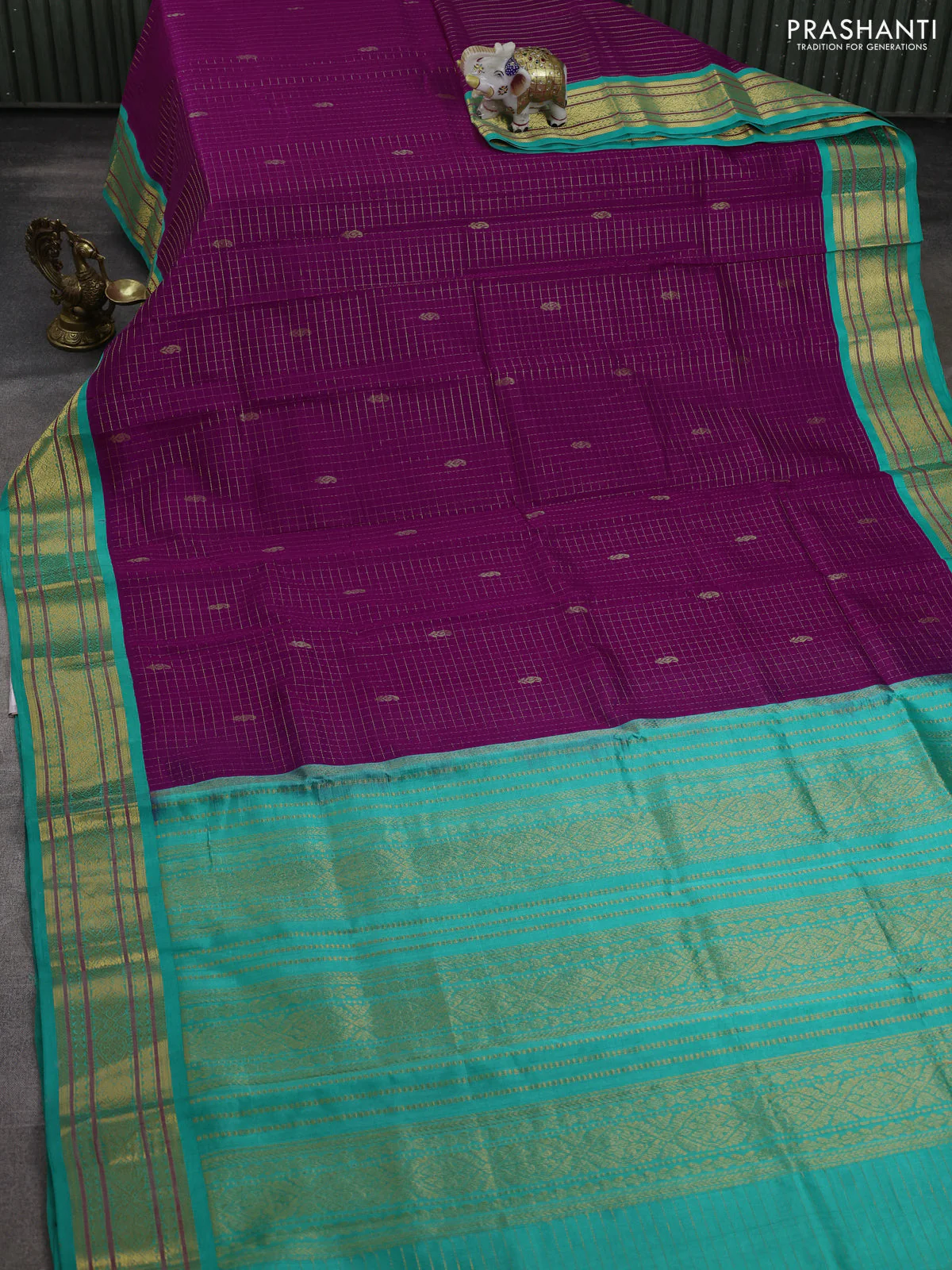 Silk cotton saree purple and teal green with allover zari checks & buttas and zari woven korvai border - Image 2