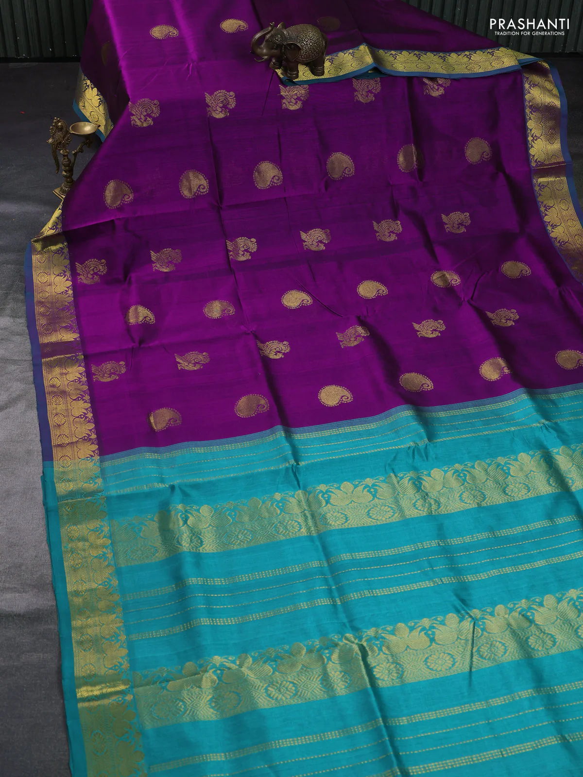 Silk cotton saree purple and teal green with annam & paisley zari woven buttas and zari woven border - Image 2