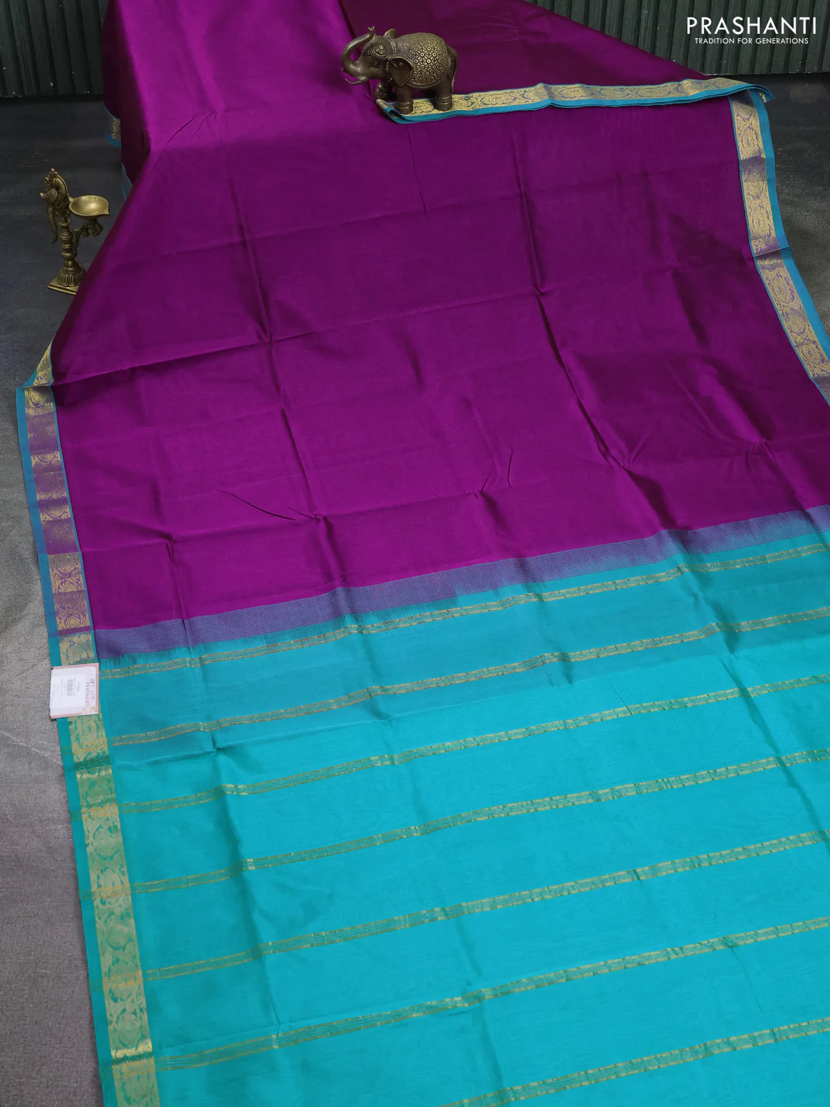 Silk cotton saree purple and teal green with plain body and zari woven border - Image 2
