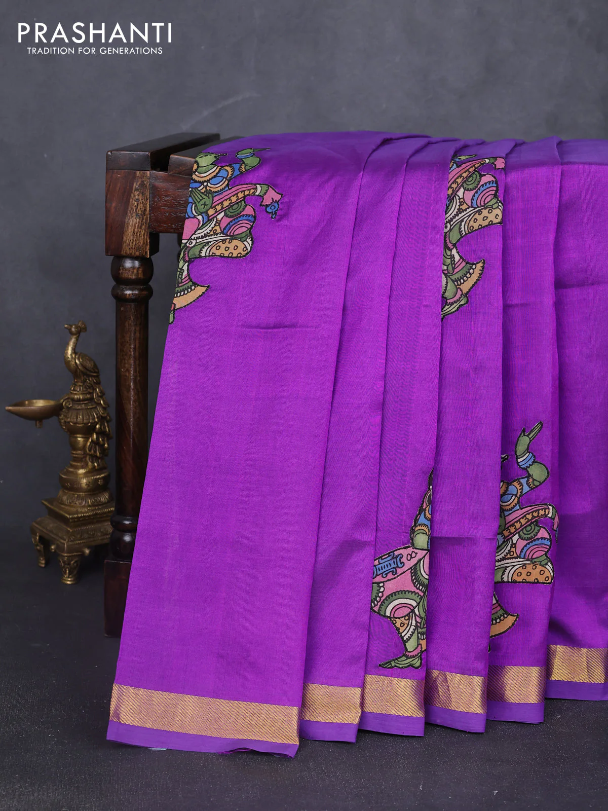 Silk cotton saree purple with kalamkari applique work and zari woven border