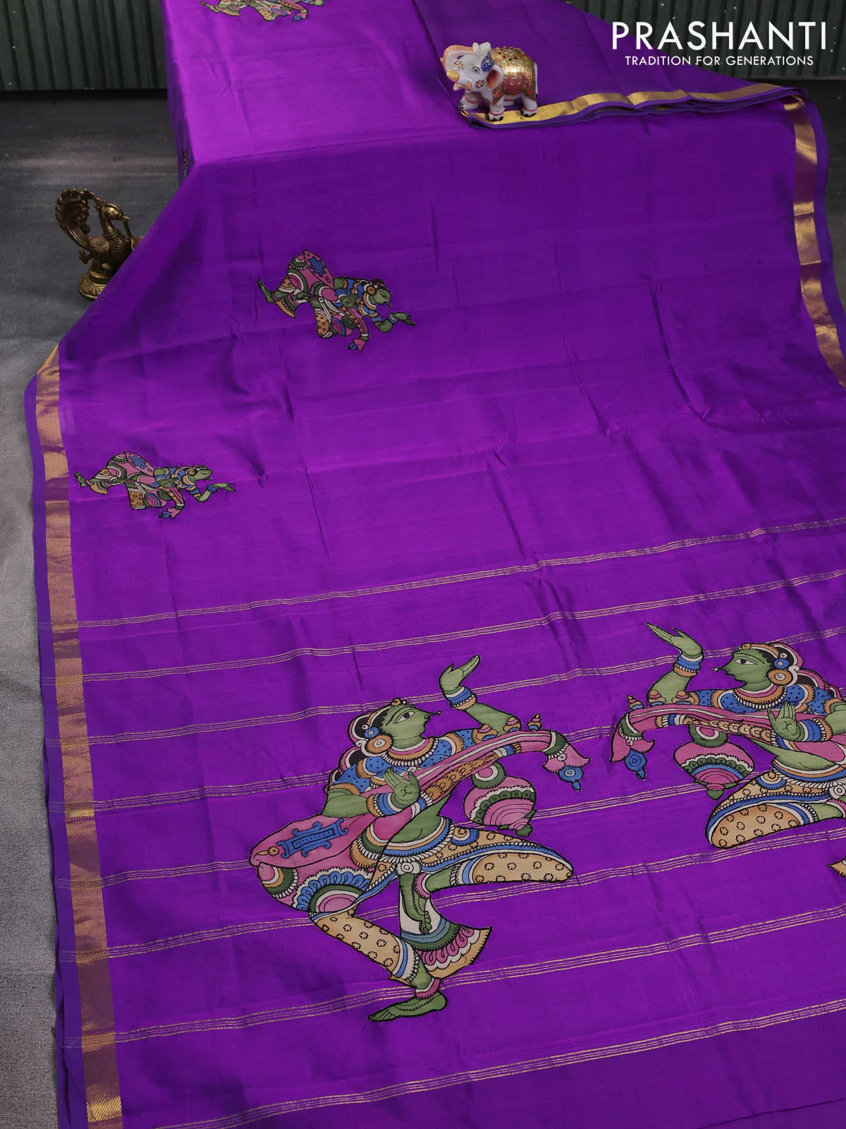 Silk cotton saree purple with kalamkari applique work and zari woven border - Image 2