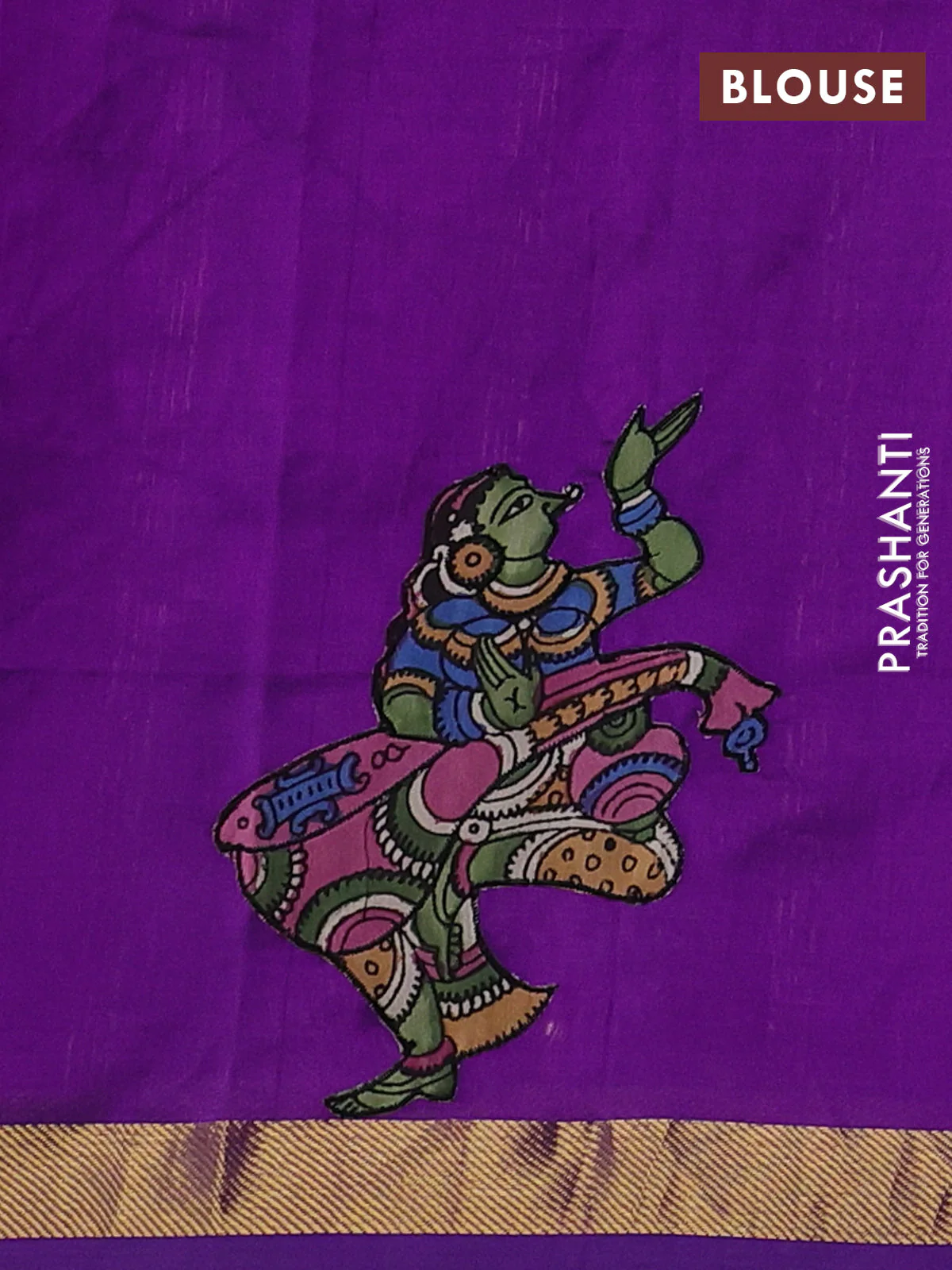 Silk cotton saree purple with kalamkari applique work and zari woven border - Image 3