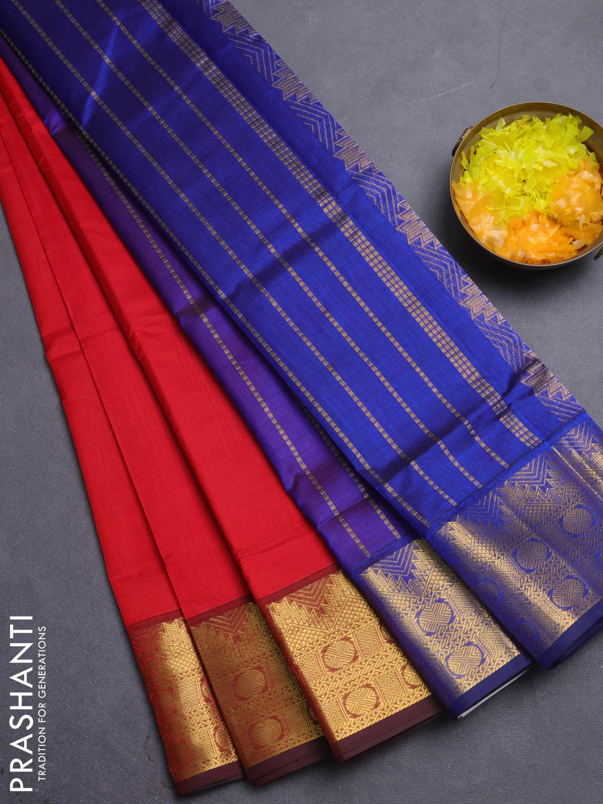 Silk cotton saree red and blue with plain body and temple zari woven border