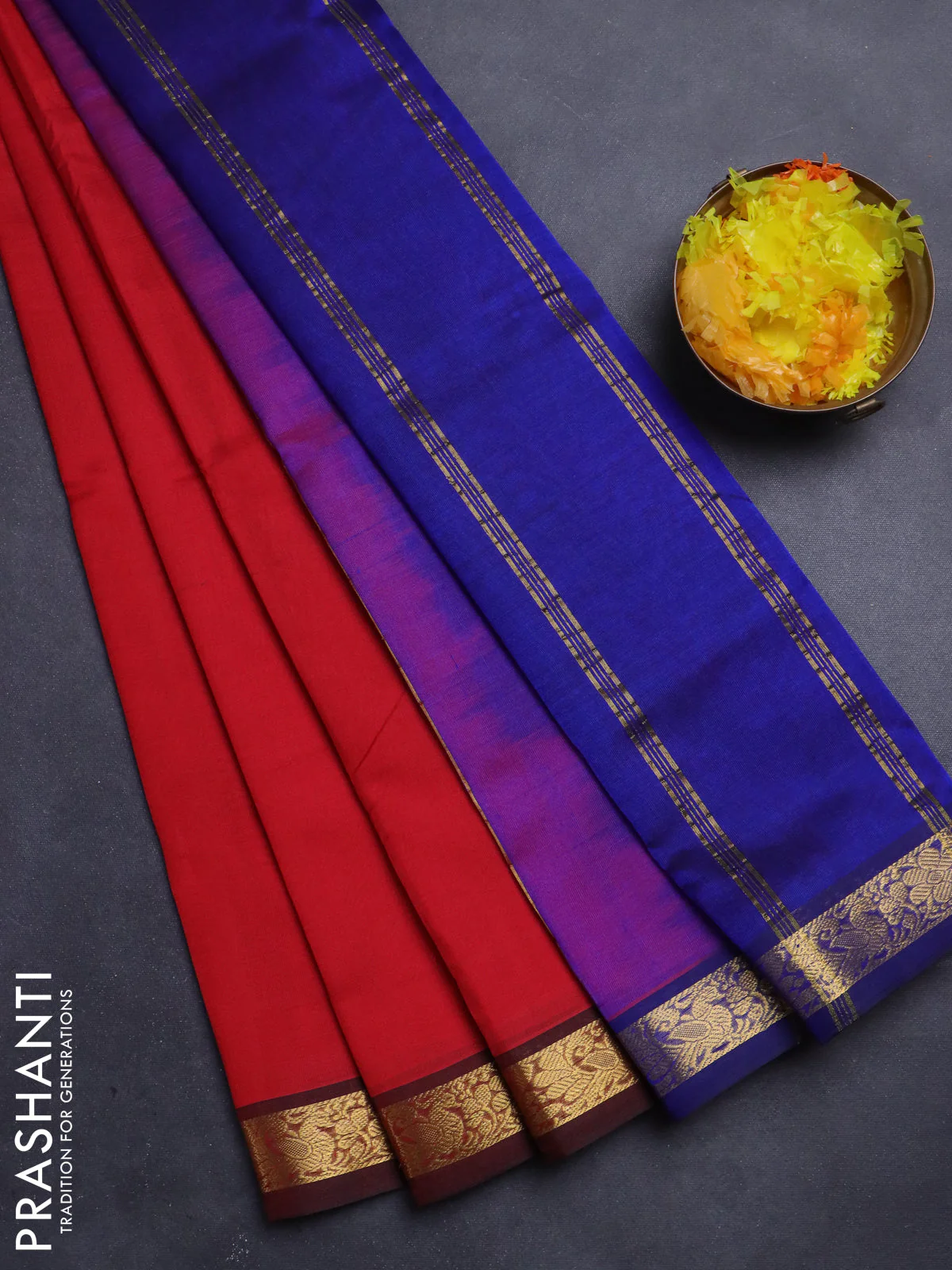 Silk Cotton saree red and blue with plain body and zari woven border