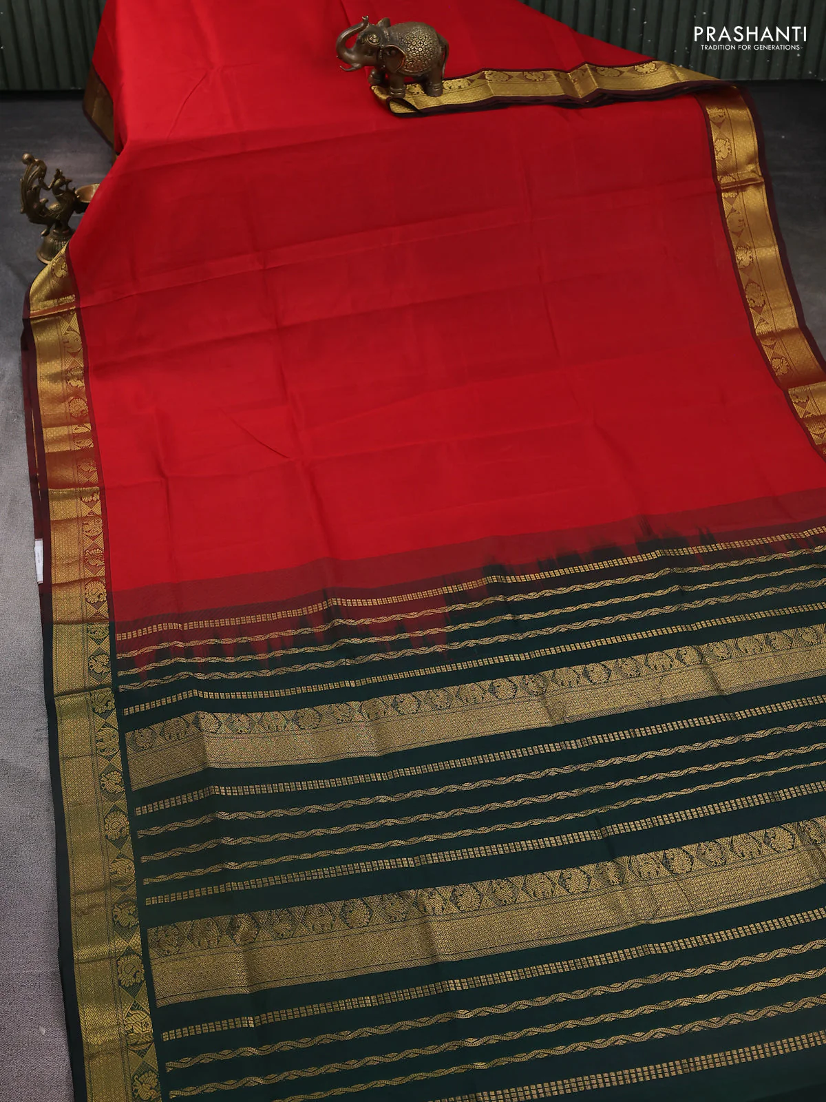 Silk Cotton saree red and bottle green with plain body and zari woven border - Image 2