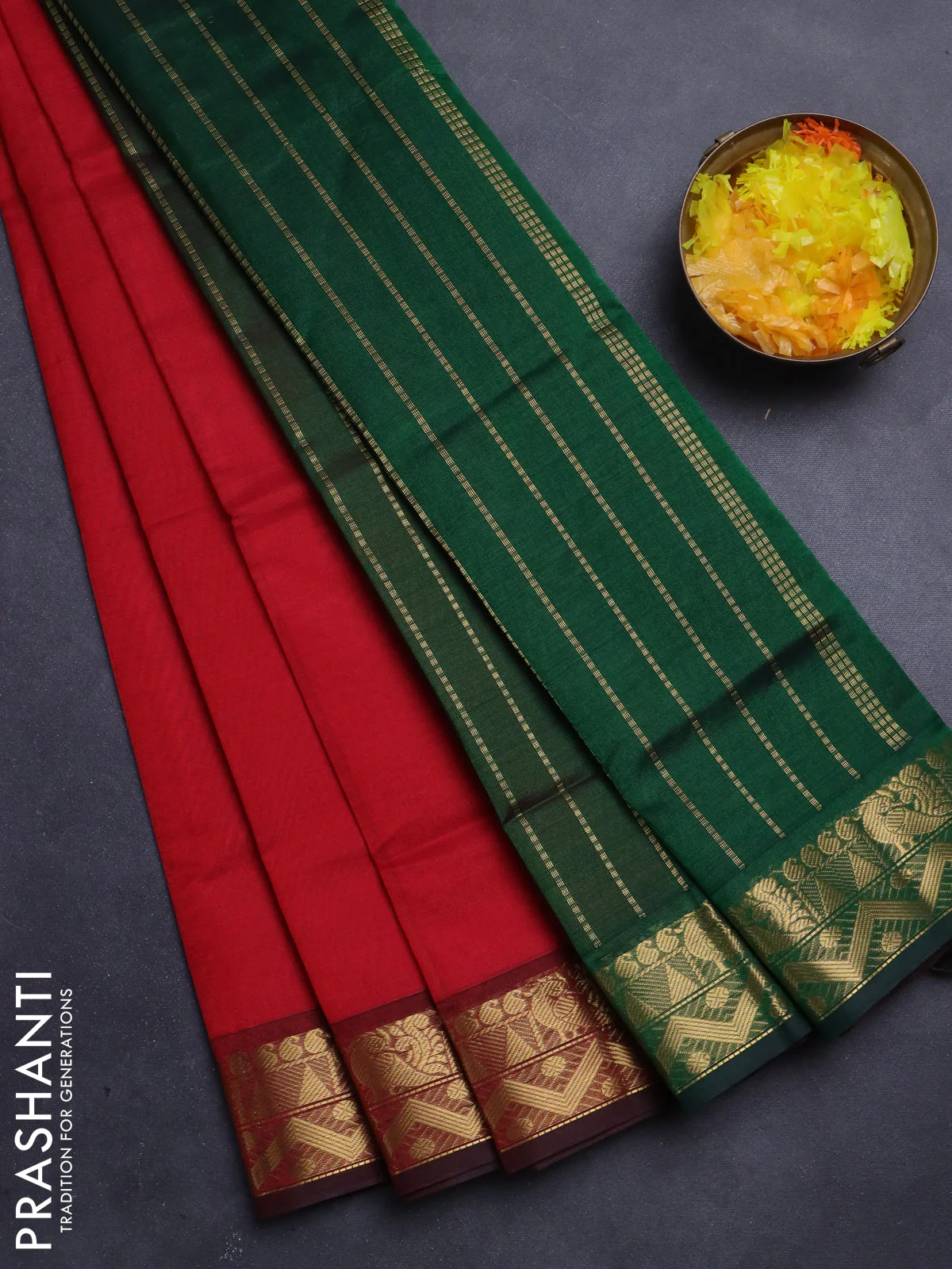 Silk Cotton saree red and green with plain body and zari woven border