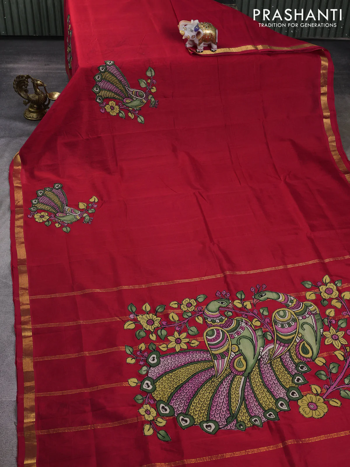 Silk cotton saree red with kalamkari applique work and zari woven border - Image 2