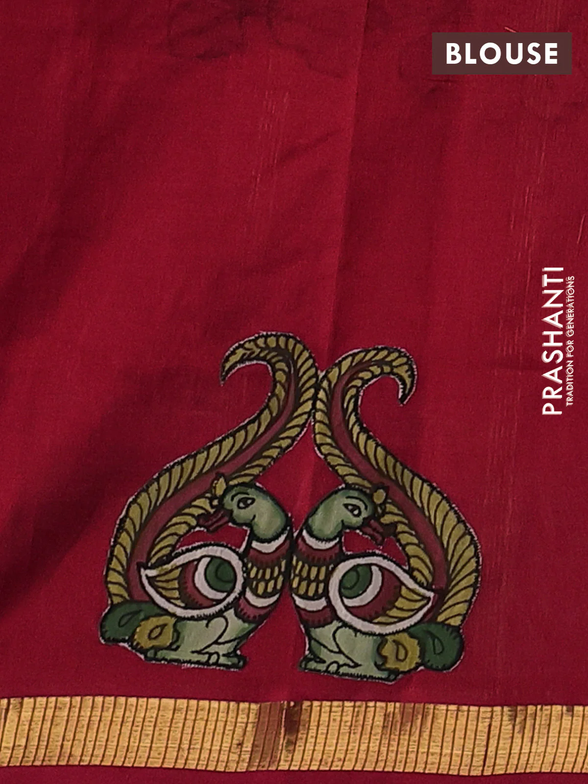 Silk cotton saree red with kalamkari applique work and zari woven border - Image 3