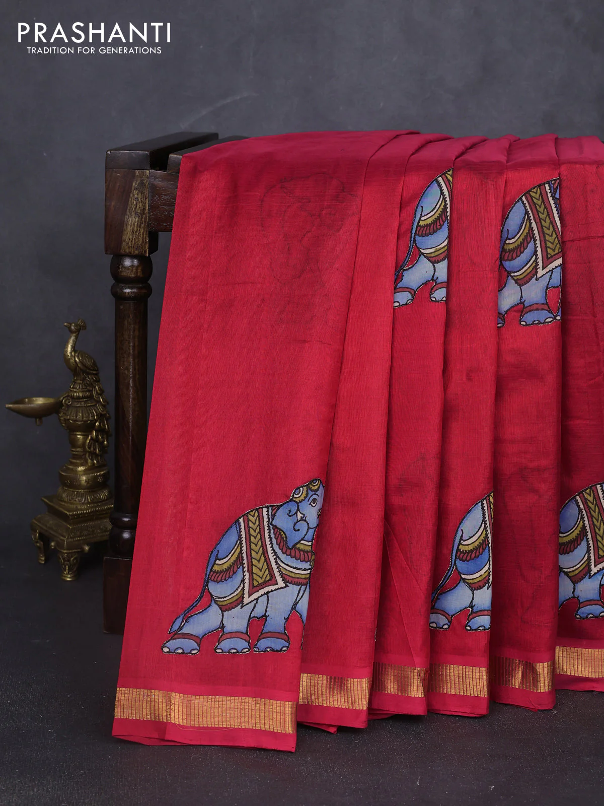 Silk cotton saree red with kalamkari applique work in borderless style