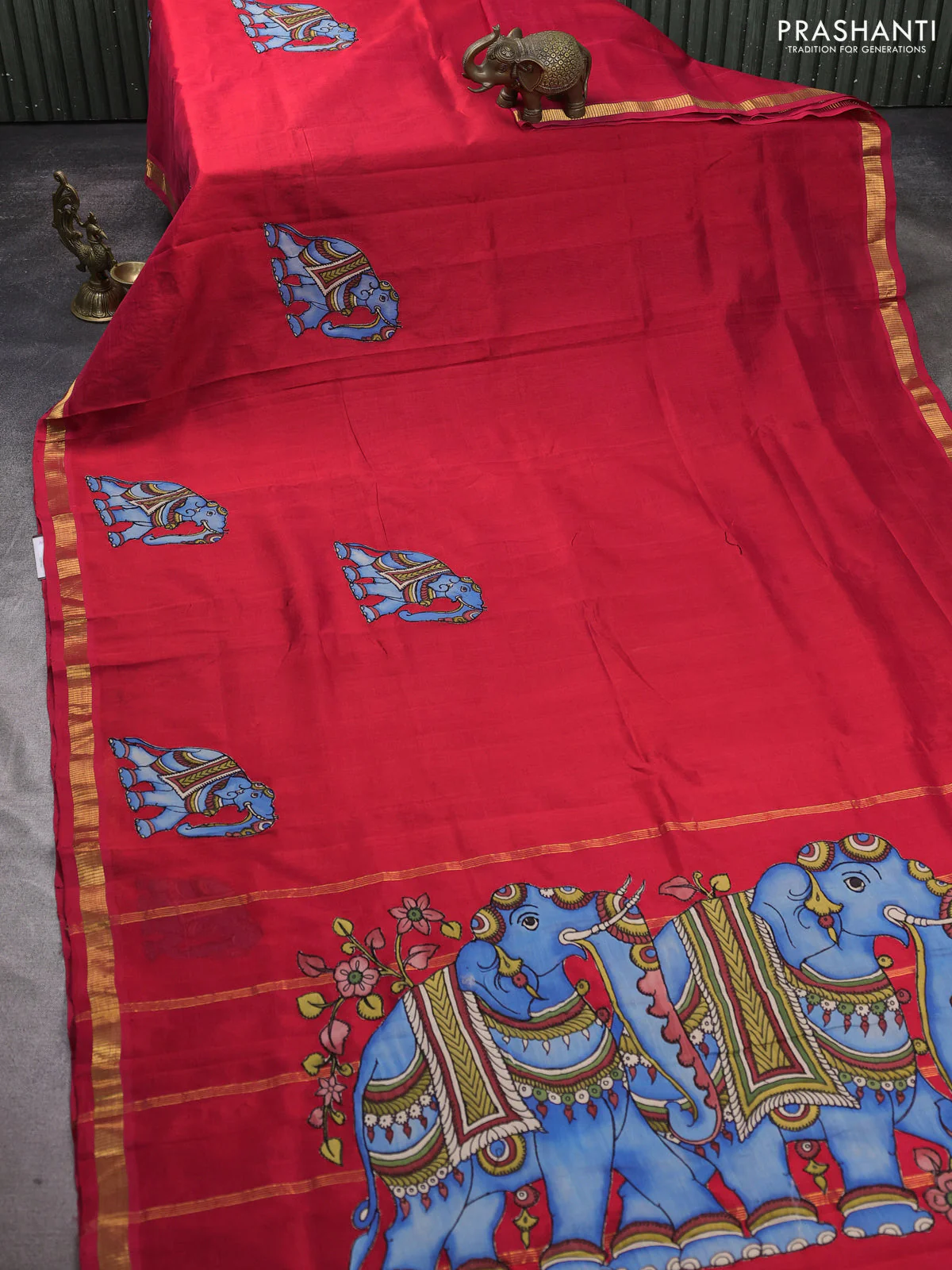 Silk cotton saree red with kalamkari applique work in borderless style - Image 2