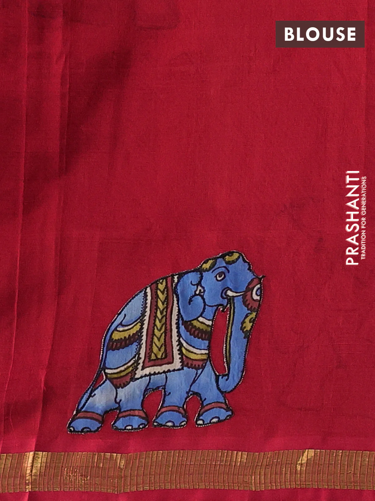 Silk cotton saree red with kalamkari applique work in borderless style - Image 3