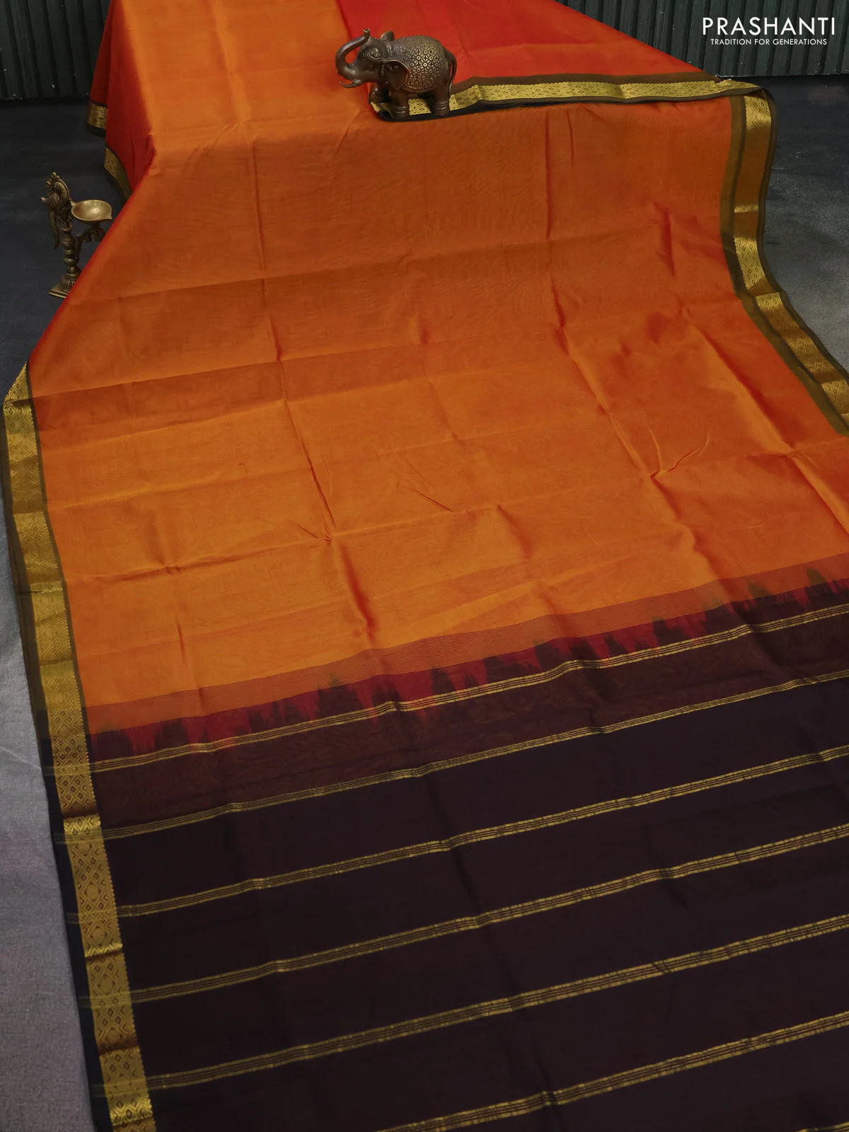 Silk cotton saree rustic orange and coffee brown with plain body and zari woven border - Image 2