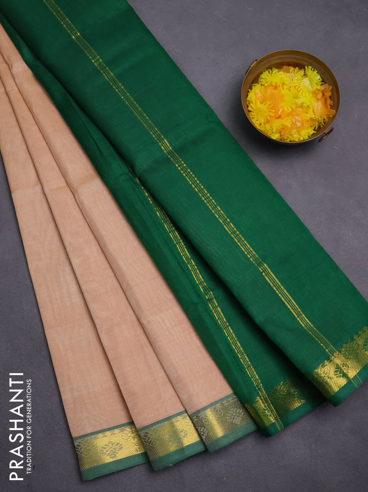 Silk cotton saree sandal and green with plain body and zari woven border