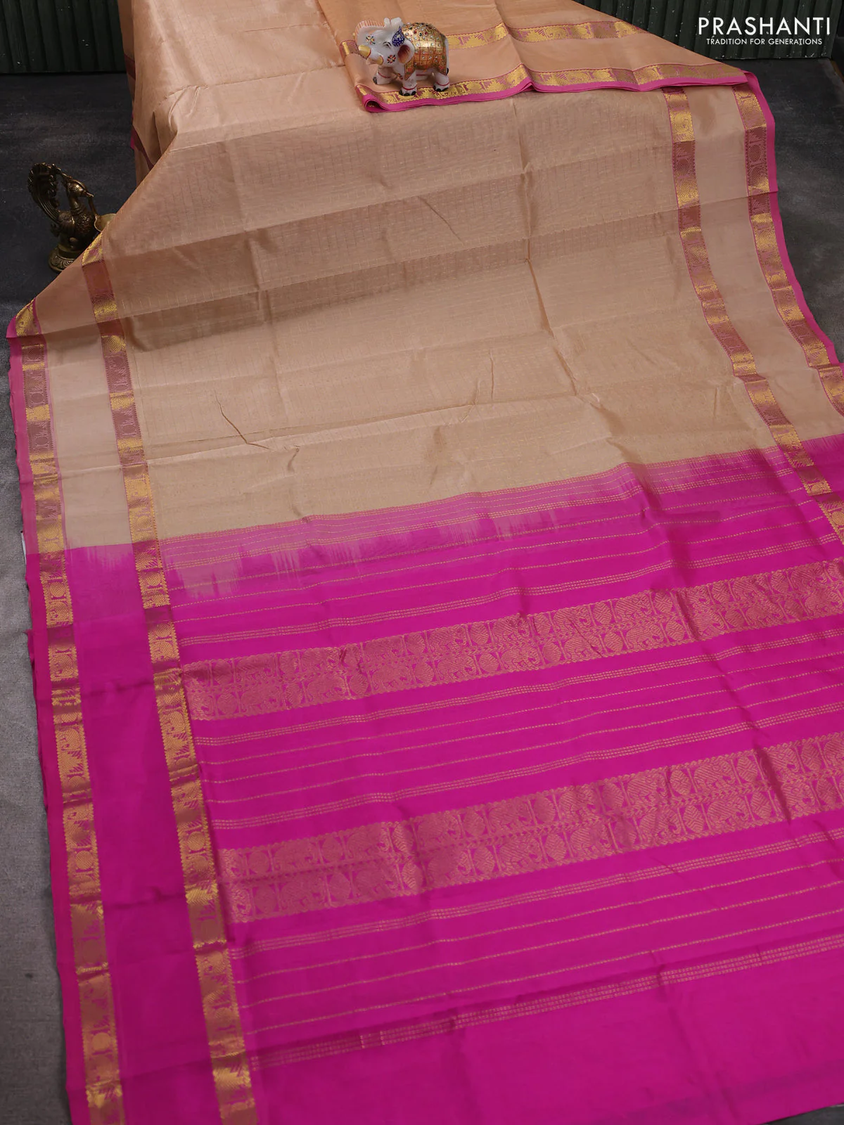 Silk cotton saree sandal and pink with allover zari lakshadeepam patten and rettapet zari woven border - Image 2