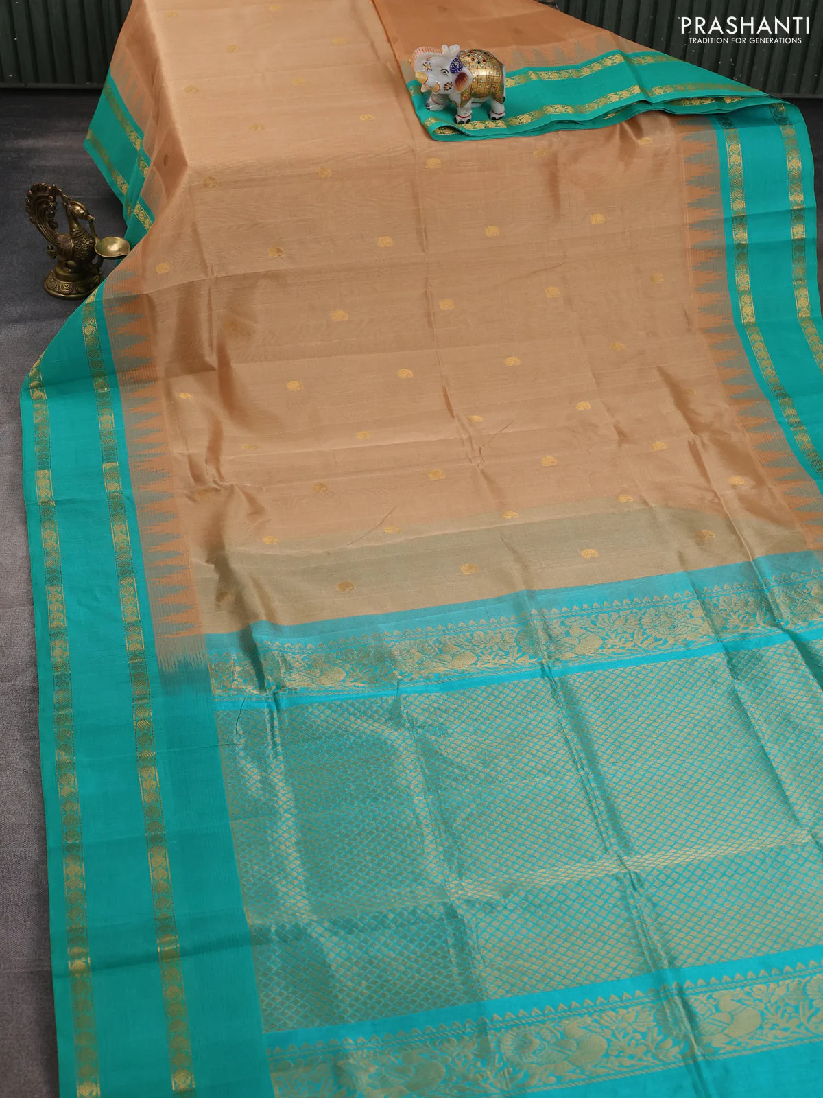 Silk cotton saree sandal and teal green shade with paisley zari woven buttas and temple design rettapet zari woven korvai border - Image 2