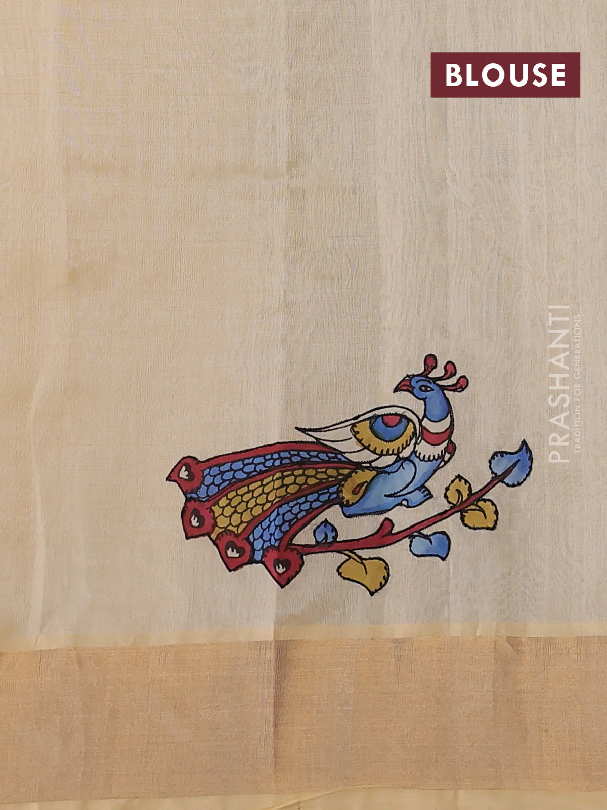 Silk cotton saree sandal with kalamkari applique work and zari woven border - Image 3