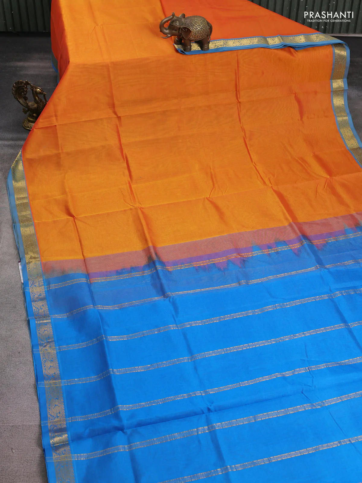 Silk cotton saree sunset orange and cs blue with plain body and annam zari woven border - Image 2
