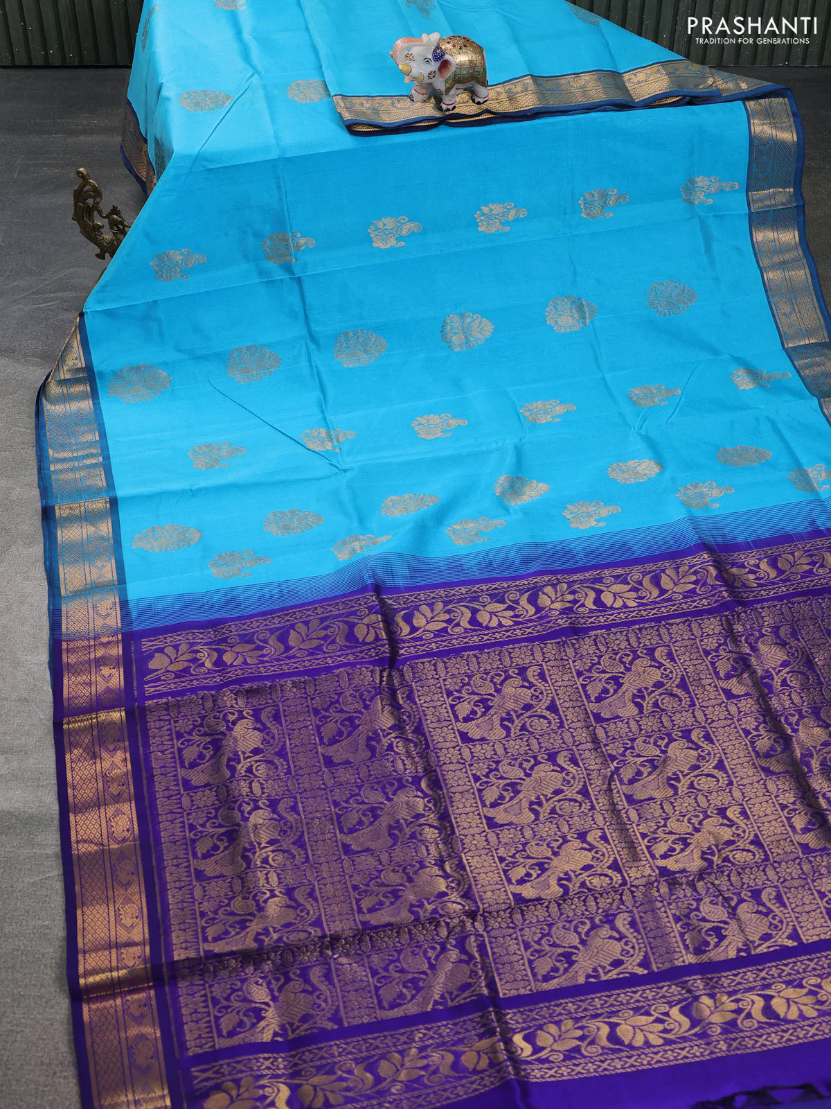 silk cotton saree teal blue and blue with zari woven buttas and zari woven border - Image 2