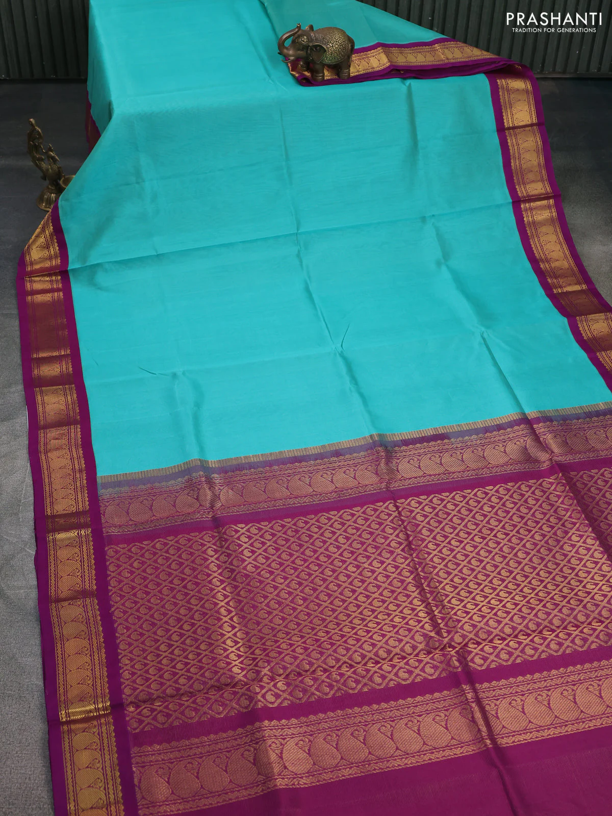 Silk cotton saree teal blue and purple with allover vairaosi pattern and zari woven korvai border - Image 2