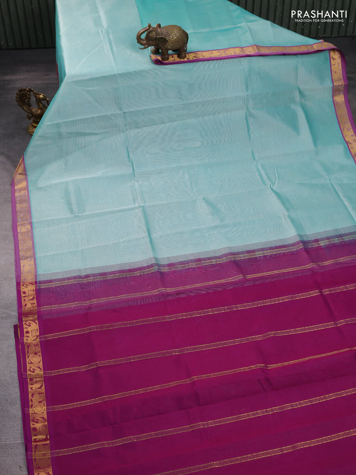 Silk cotton saree teal blue and purple with plain body and zari woven border - Image 2