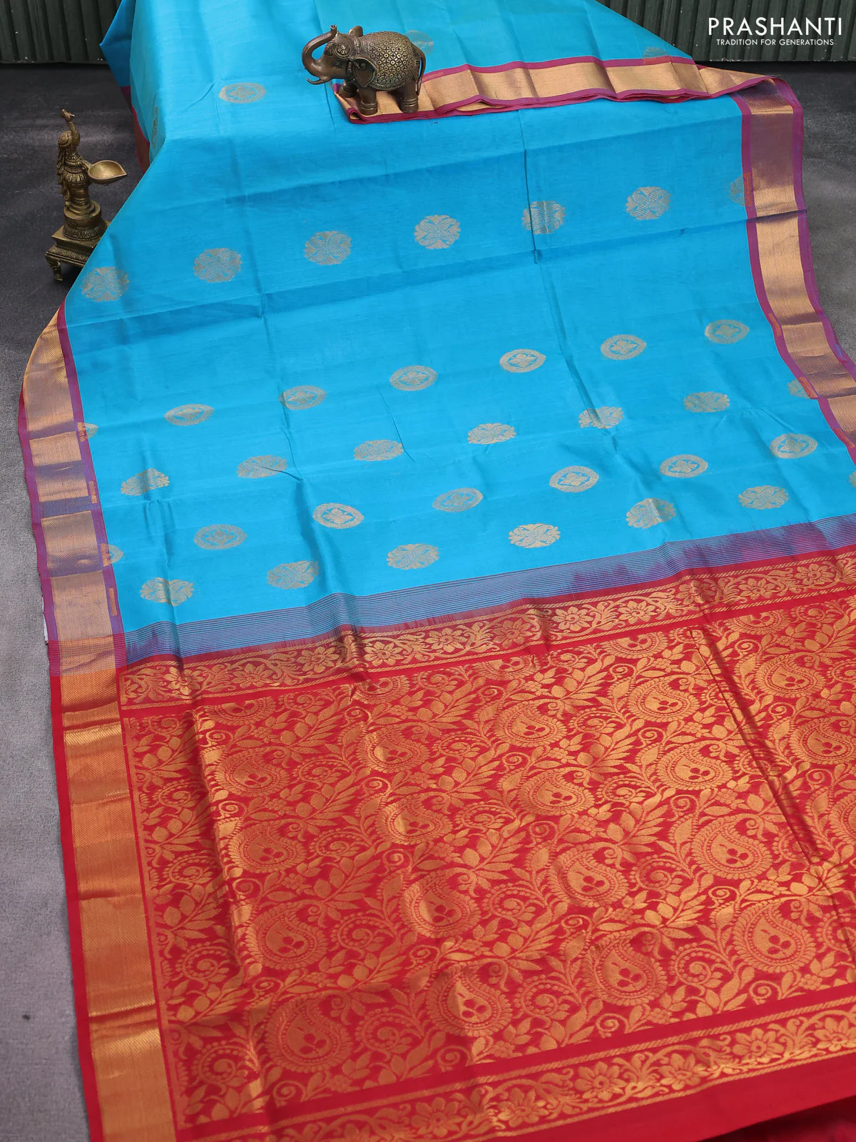 Silk cotton saree teal blue and red with allover zari woven buttas and zari woven border - Image 2