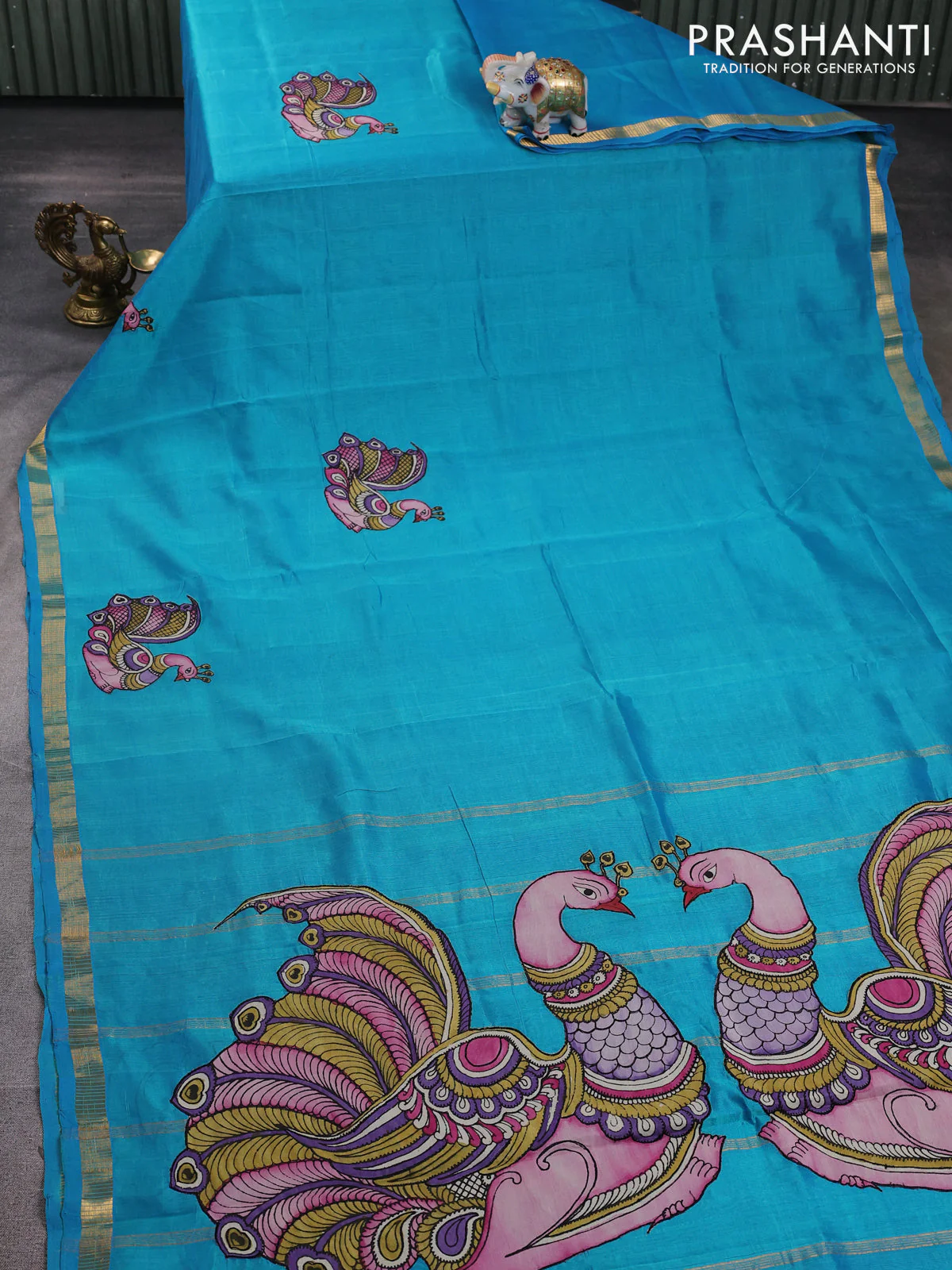 Silk cotton saree teal blue with kalamkari applique work and zari woven border - Image 2