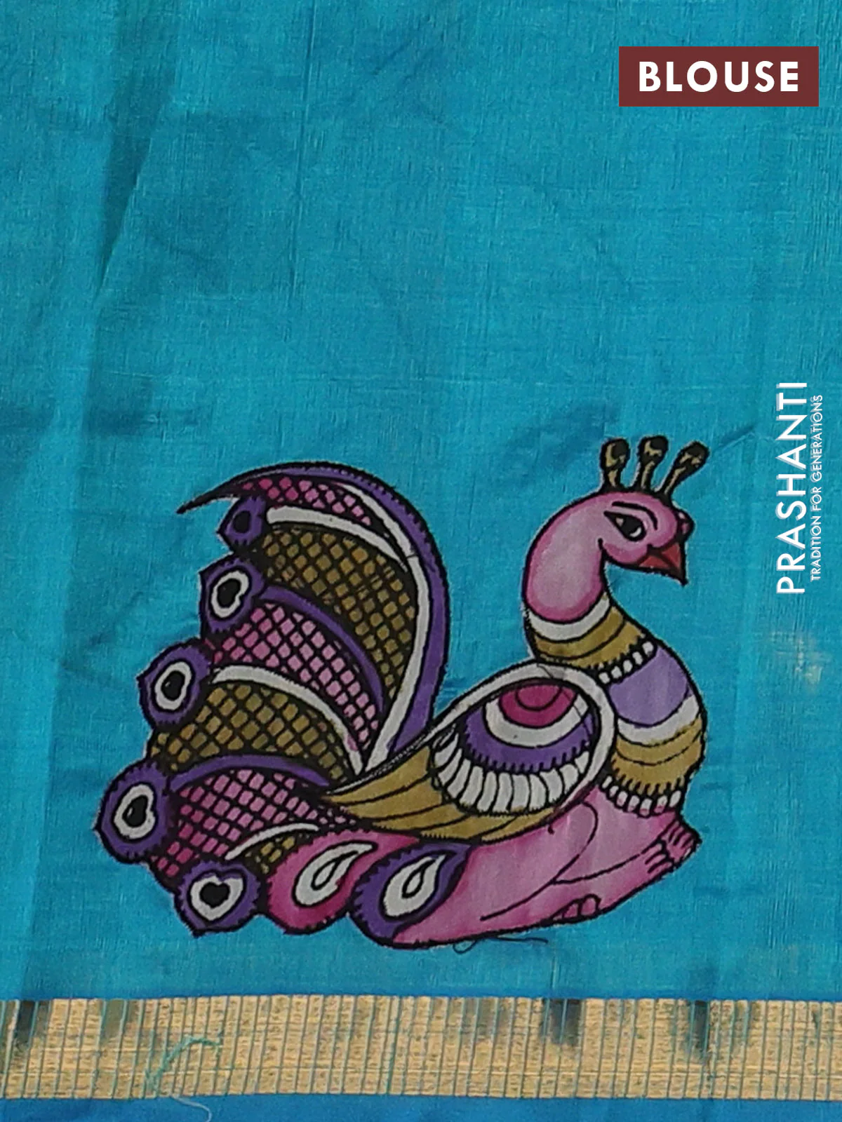 Silk cotton saree teal blue with kalamkari applique work and zari woven border - Image 3