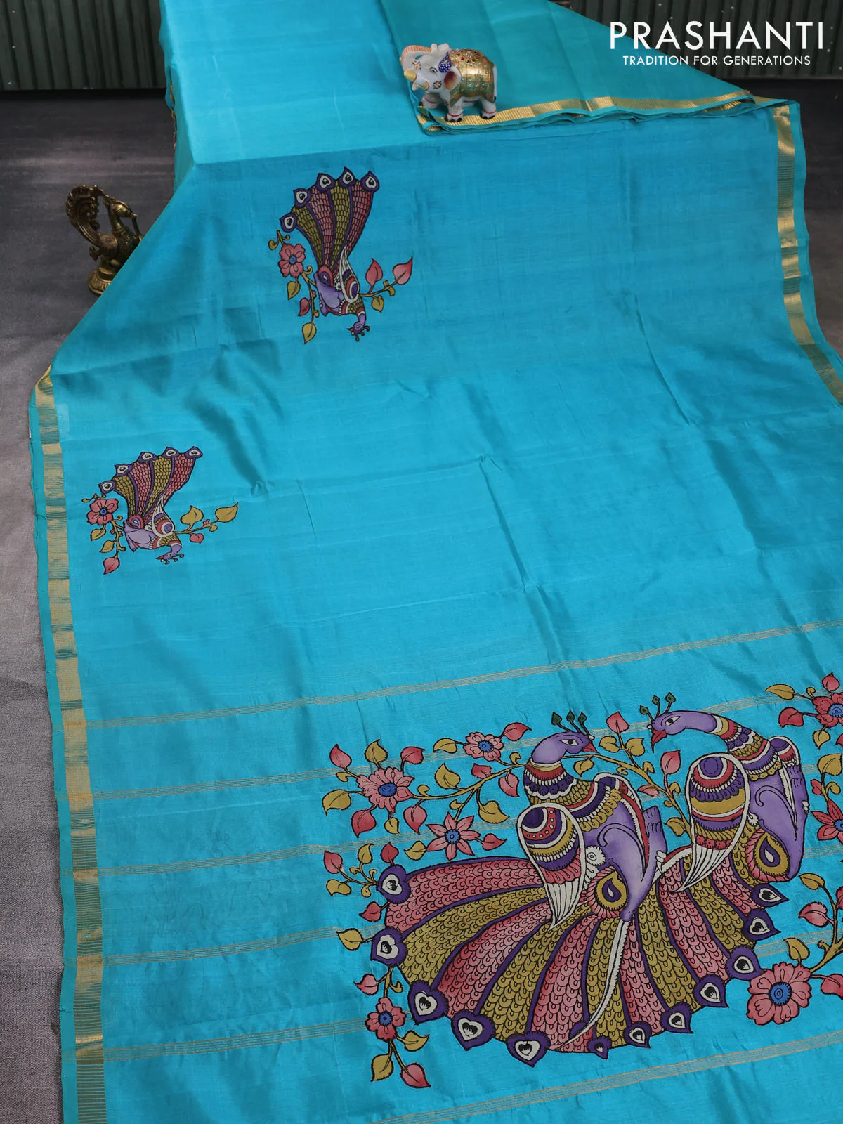 Silk cotton saree teal blue with kalamkari applique work and zari woven border - Image 2