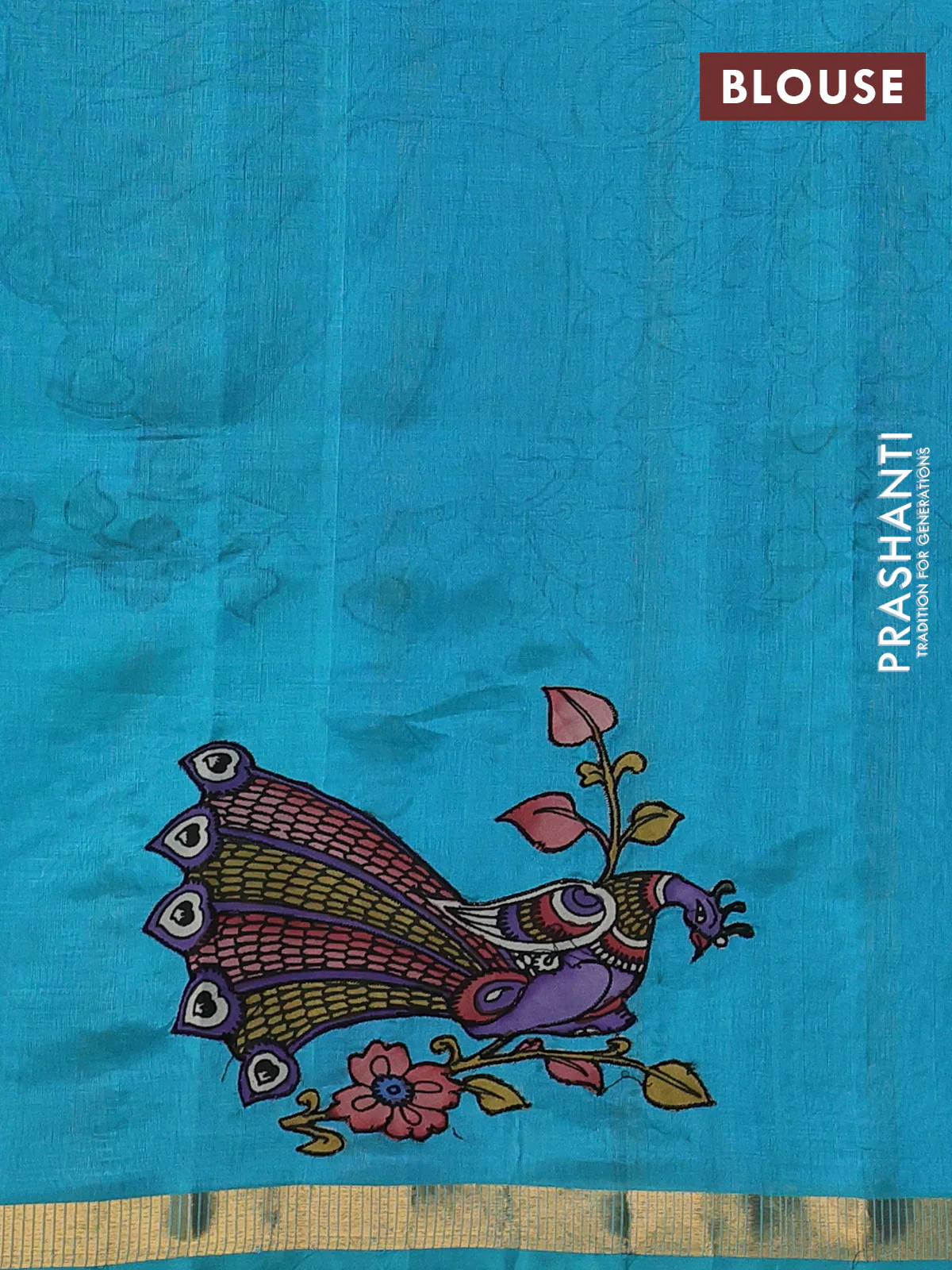 Silk cotton saree teal blue with kalamkari applique work and zari woven border - Image 3