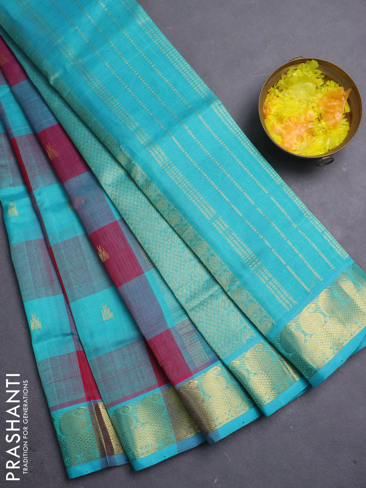 Silk cotton saree teal green and pink with allover paalum pazhamum checks & buttas and paisley zari woven border