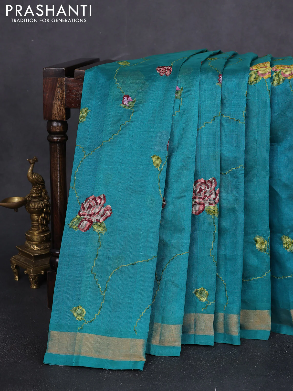 Silk cotton saree teal green with allover floral embriodery and zari woven border - Image 2
