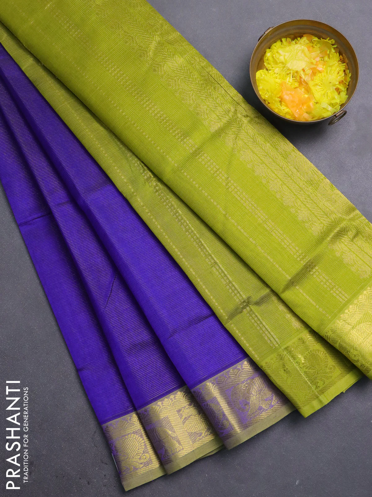 Silk cotton saree violet and lime green with allover vairosi pattern and zari woven border