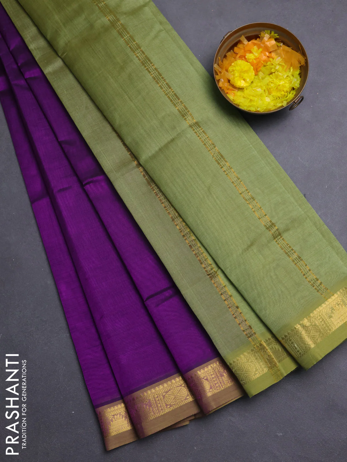 Silk cotton saree violet and pastel green with plain body and temple & rudraksha zari woven border