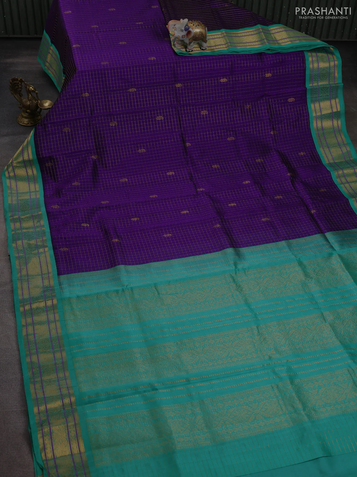 Silk cotton saree violet and teal green with allover zari checks & buttas and zari woven korvai border - Image 2