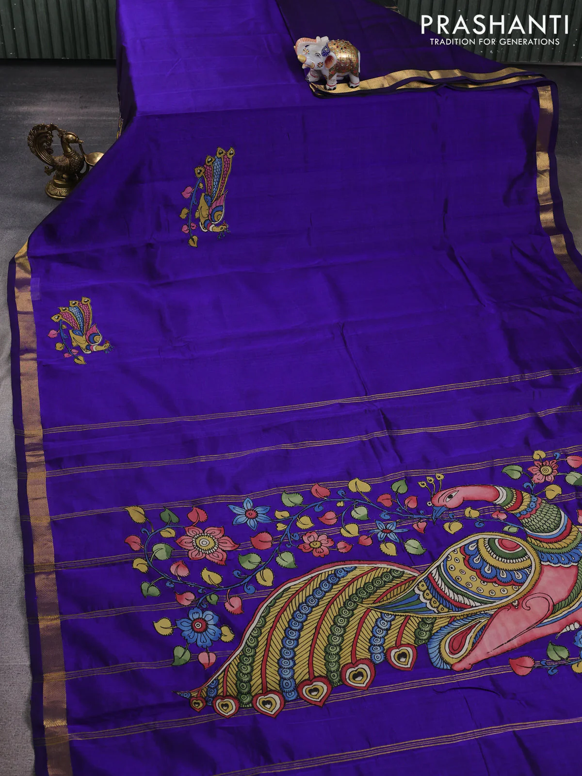 Silk cotton saree violet shade with kalamkari applique work and zari woven border - Image 2