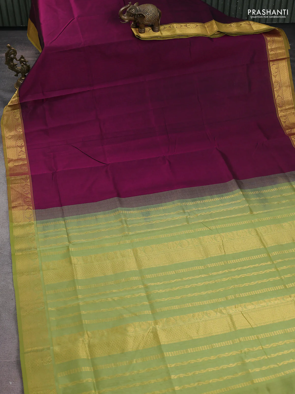 Silk Cotton saree wine shade and pista green with plain body and zari woven border - Image 2
