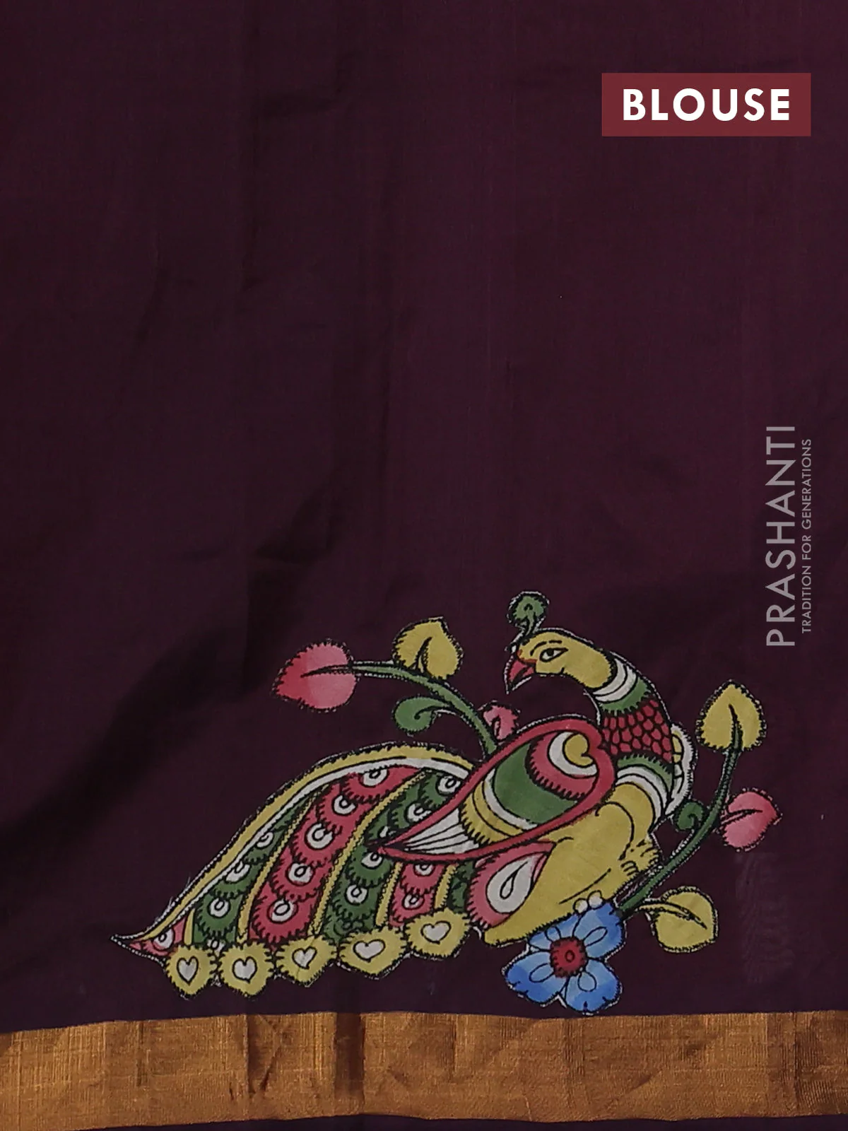 Silk cotton saree wine shade with kalamkari applique work and zari woven border - Image 3