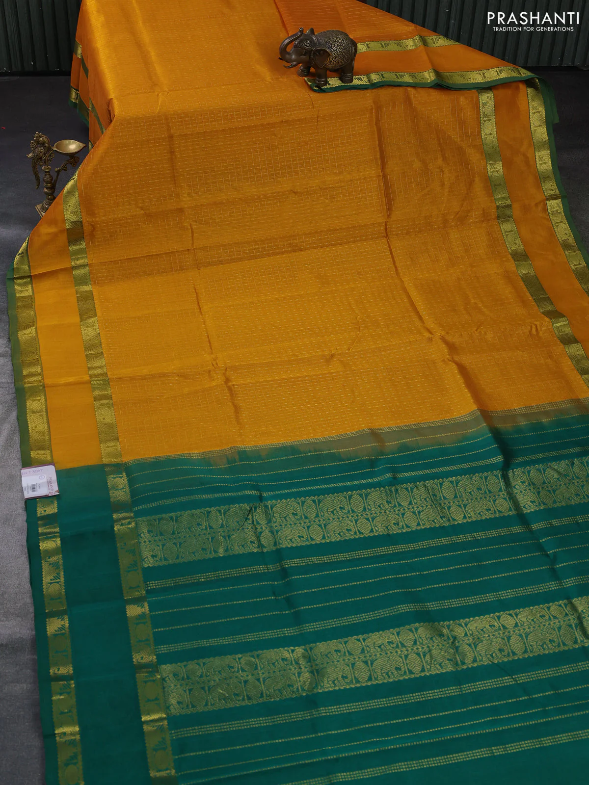 Silk cotton saree yellow and green with allover lakshadeepam pattern and rettapet zari woven border - Image 2