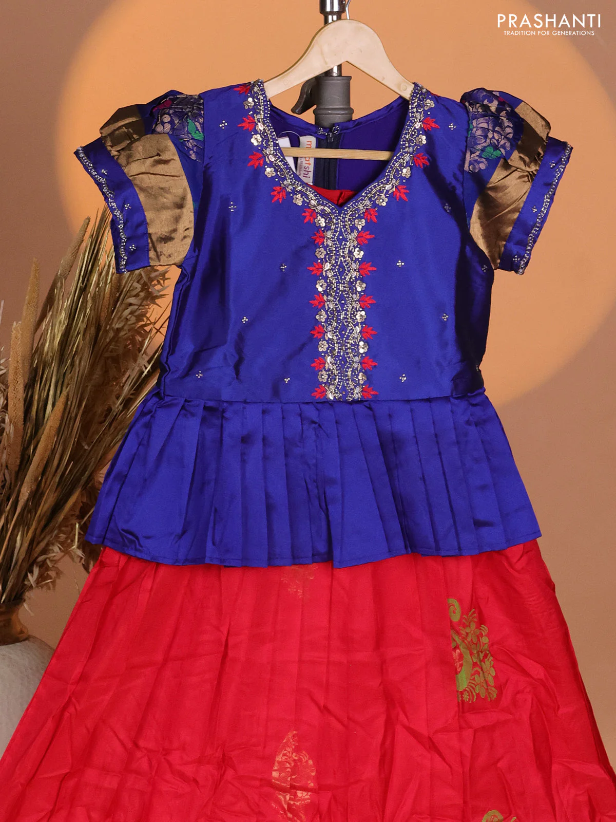Silk kids lehenga blue and red with aari work neck pattern & puff sleeve and buttas & zari woven border - Image 2