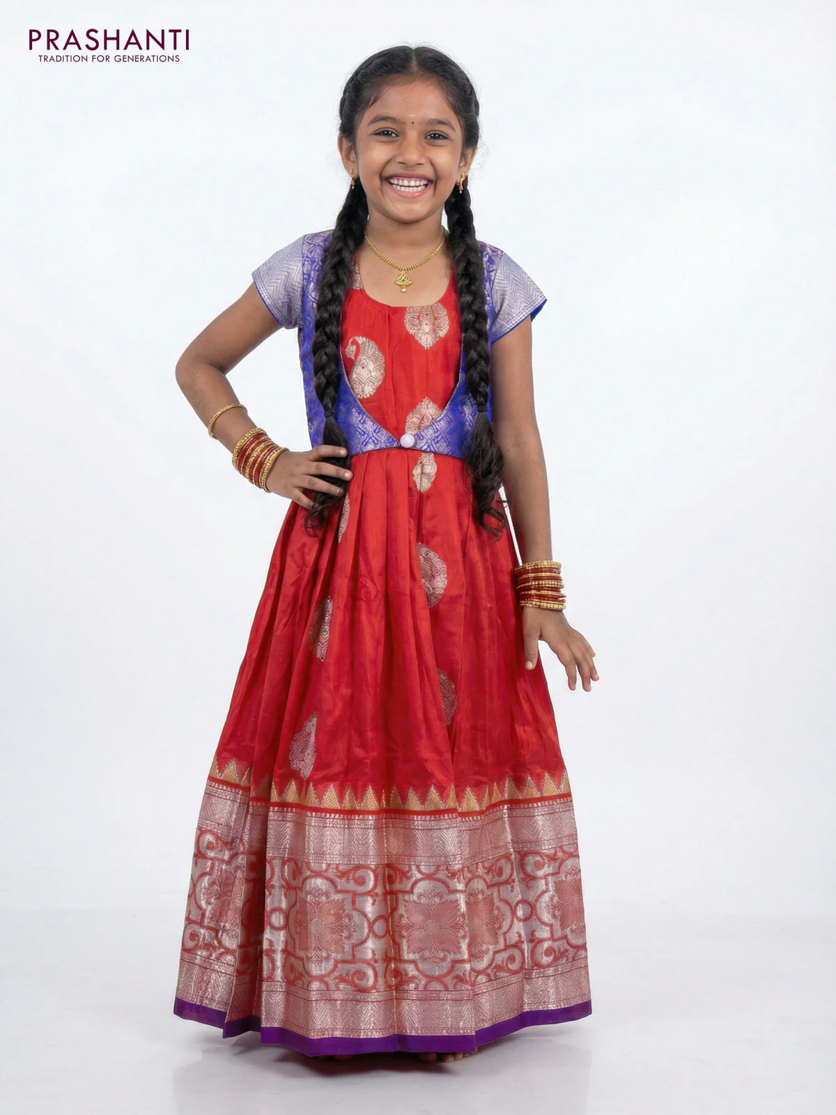 Silk kids lehenga blue and red with zari woven brocade weaves and silver zari woven buttas & border for 6-7 years