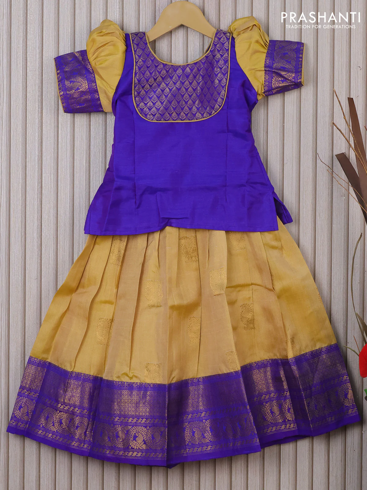 Silk kids lehenga blue and yellow with patch work neck pattern and zari woven border for 4 years