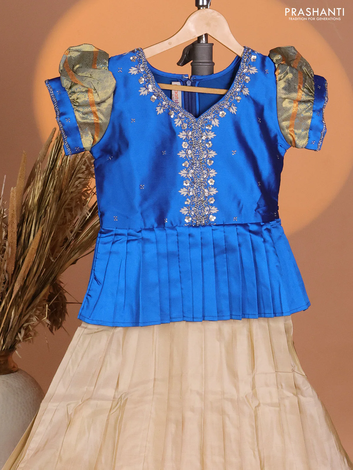 Silk kids lehenga cs blue and beige with aari work neck pattern & puff sleeve and zari woven border - Image 2