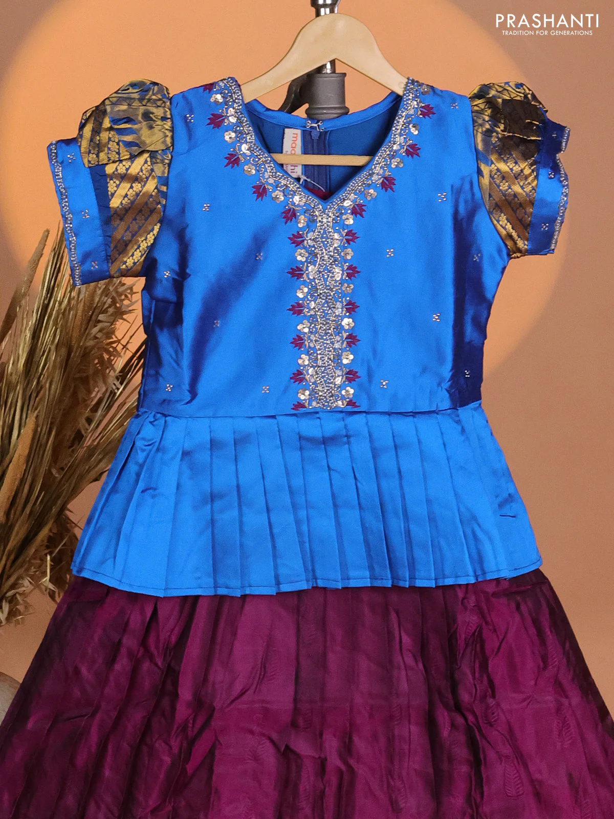 Silk kids lehenga cs blue and deep purple with aari work neck pattern & puff sleeve and self emboss buttas & zari woven border - Image 2