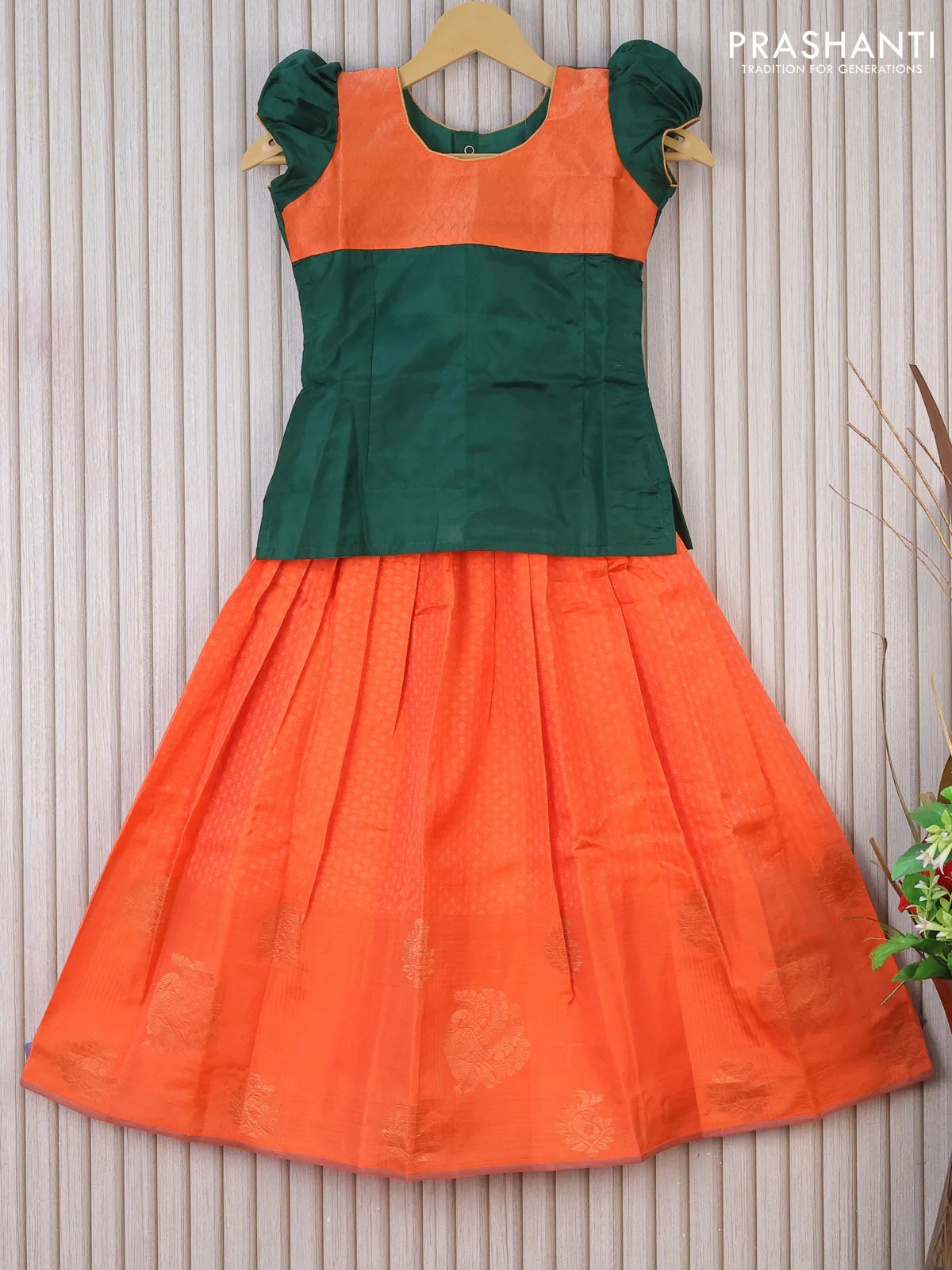 Silk kids lehenga dark green and orange with patch work neck pattern and self emboss & butta border for 7 years