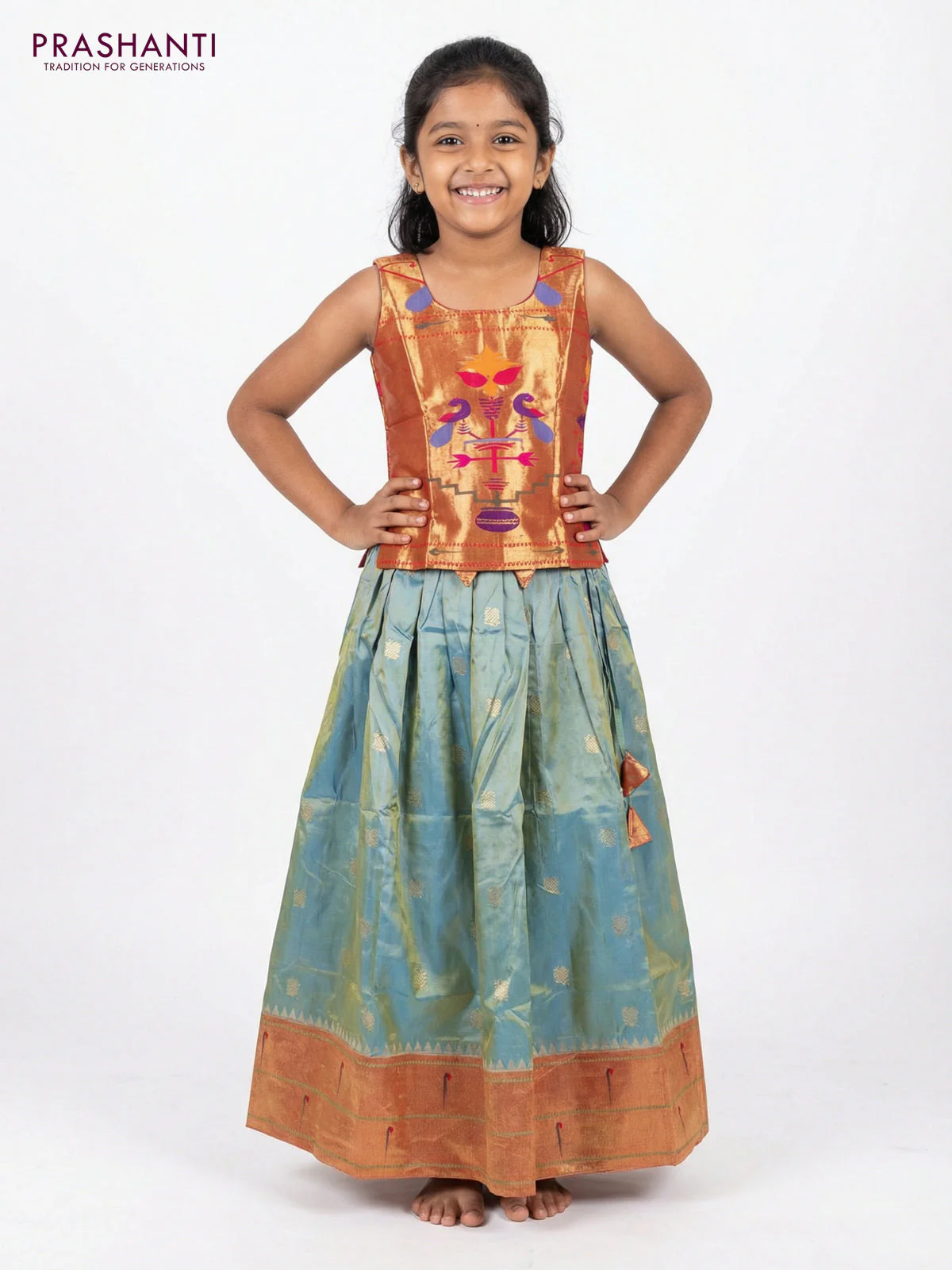 Silk kids lehenga dual top dual shade of teal green and dual shade of blue with aari work neck pattern & coat type and zari woven buttas & paithani style border for 7-8 years